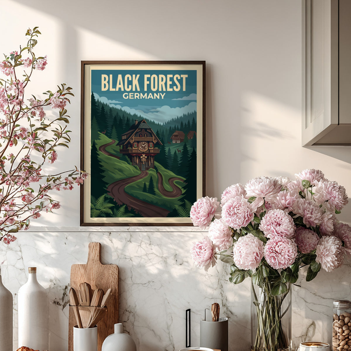 Black Forest Germany travel poster featuring a cuckoo clock house on a winding path.
