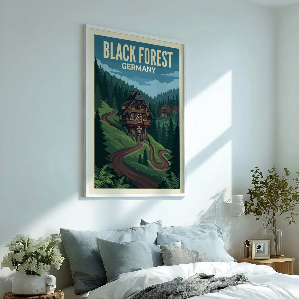 Black Forest Germany travel poster featuring a cuckoo clock house on a winding path.