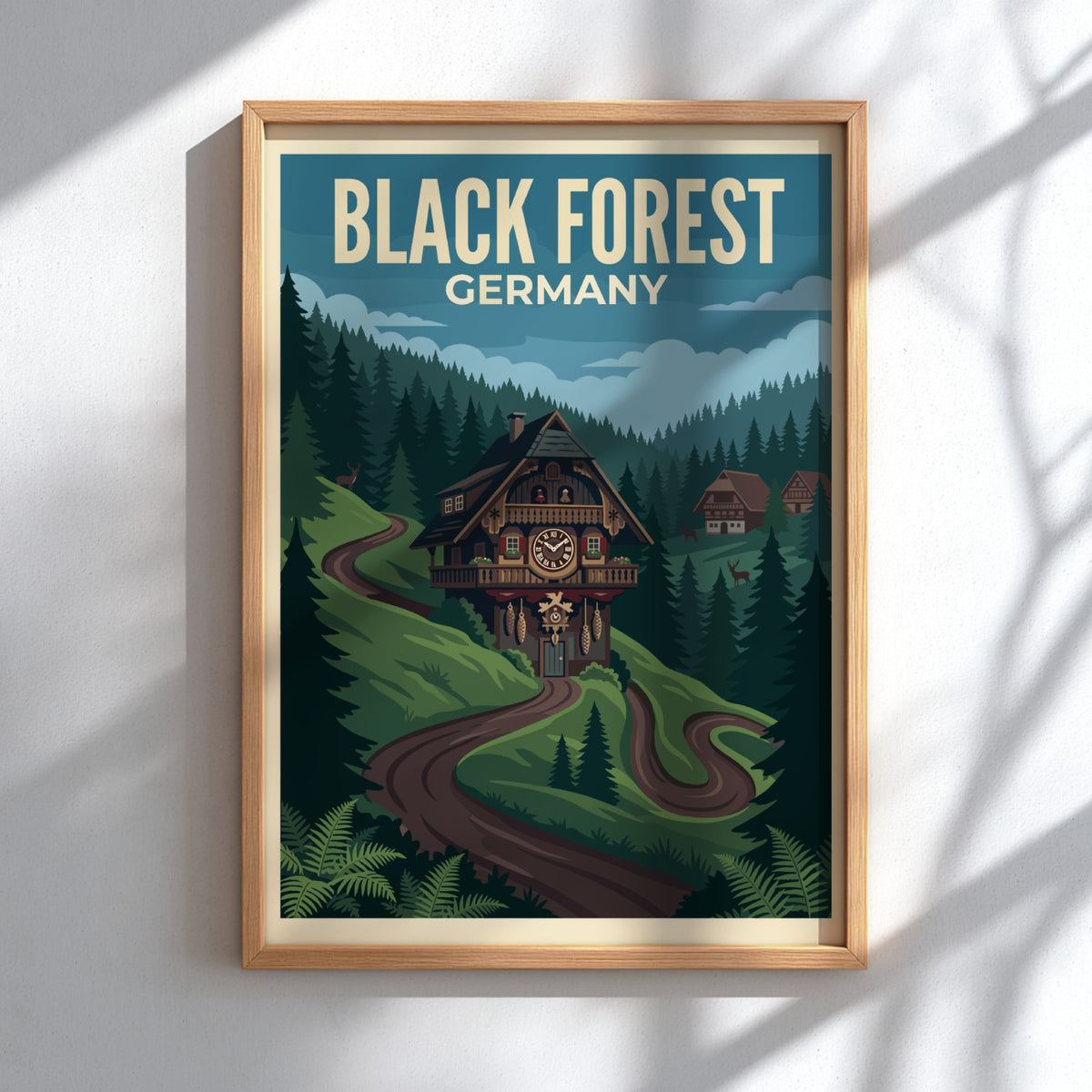 Black Forest Germany travel poster featuring a cuckoo clock house on a winding path.