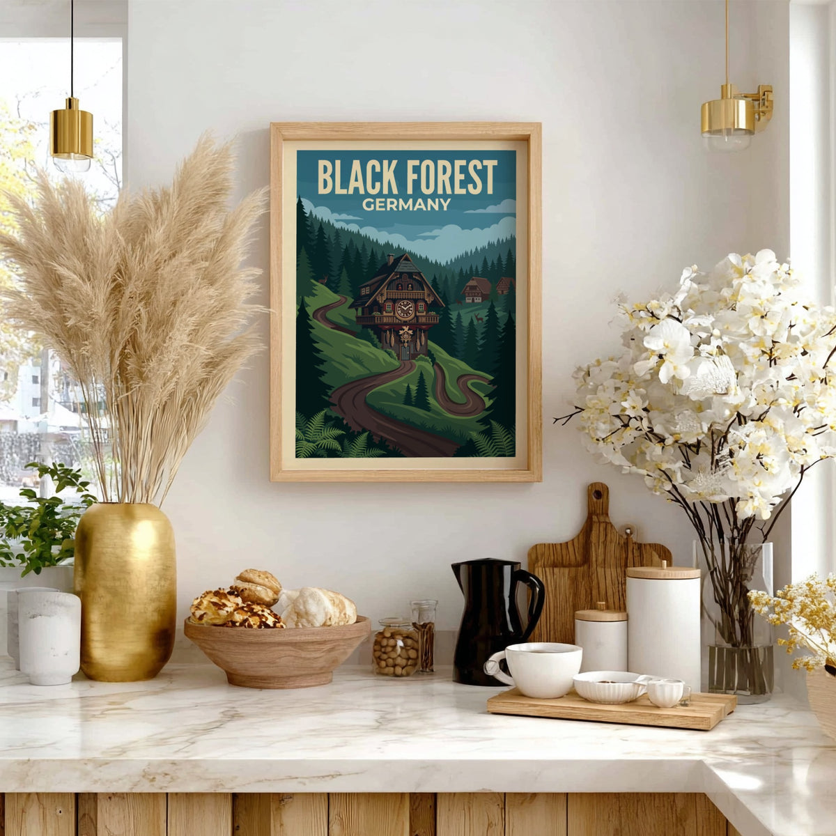Black Forest Germany travel poster featuring a cuckoo clock house on a winding path.