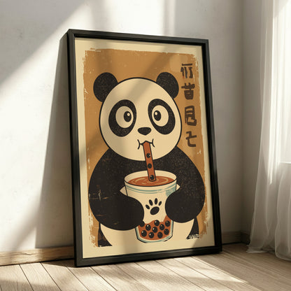 Panda Drinking Bubble Tea Poster – Cute Retro Kawaii Boba Art Print