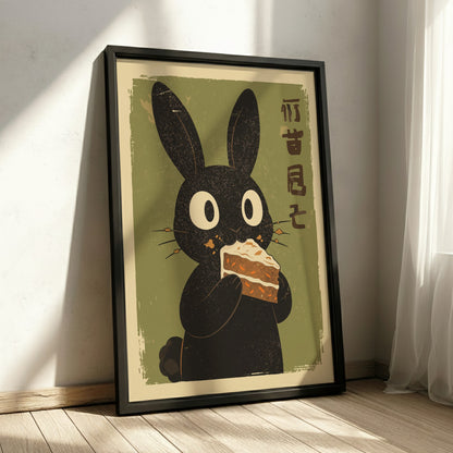Black Rabbit Eating Carrot Cake Poster – Funny Retro Kitchen Art Print