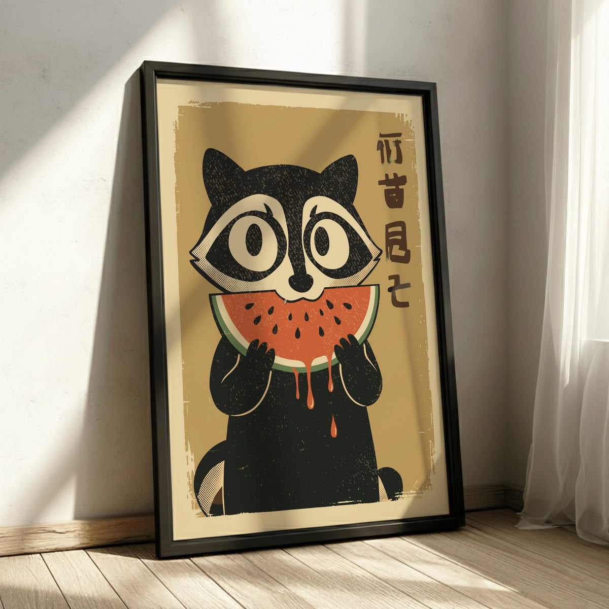 Raccoon Eating Watermelon Poster – Funny Retro Summer Fruit Art Print