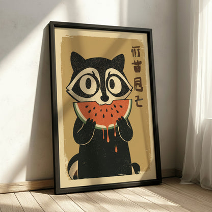 Raccoon Eating Watermelon Poster – Funny Retro Summer Fruit Art Print