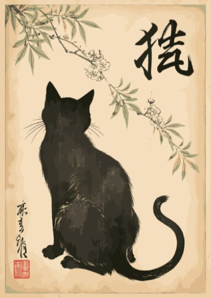 Japanese art style poster featuring a black cat silhouette under blossoming branches, sumi-e ink wash.