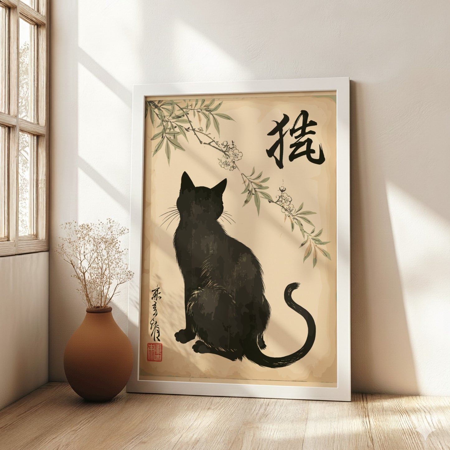 Japanese art style poster featuring a black cat silhouette under blossoming branches, sumi-e ink wash.