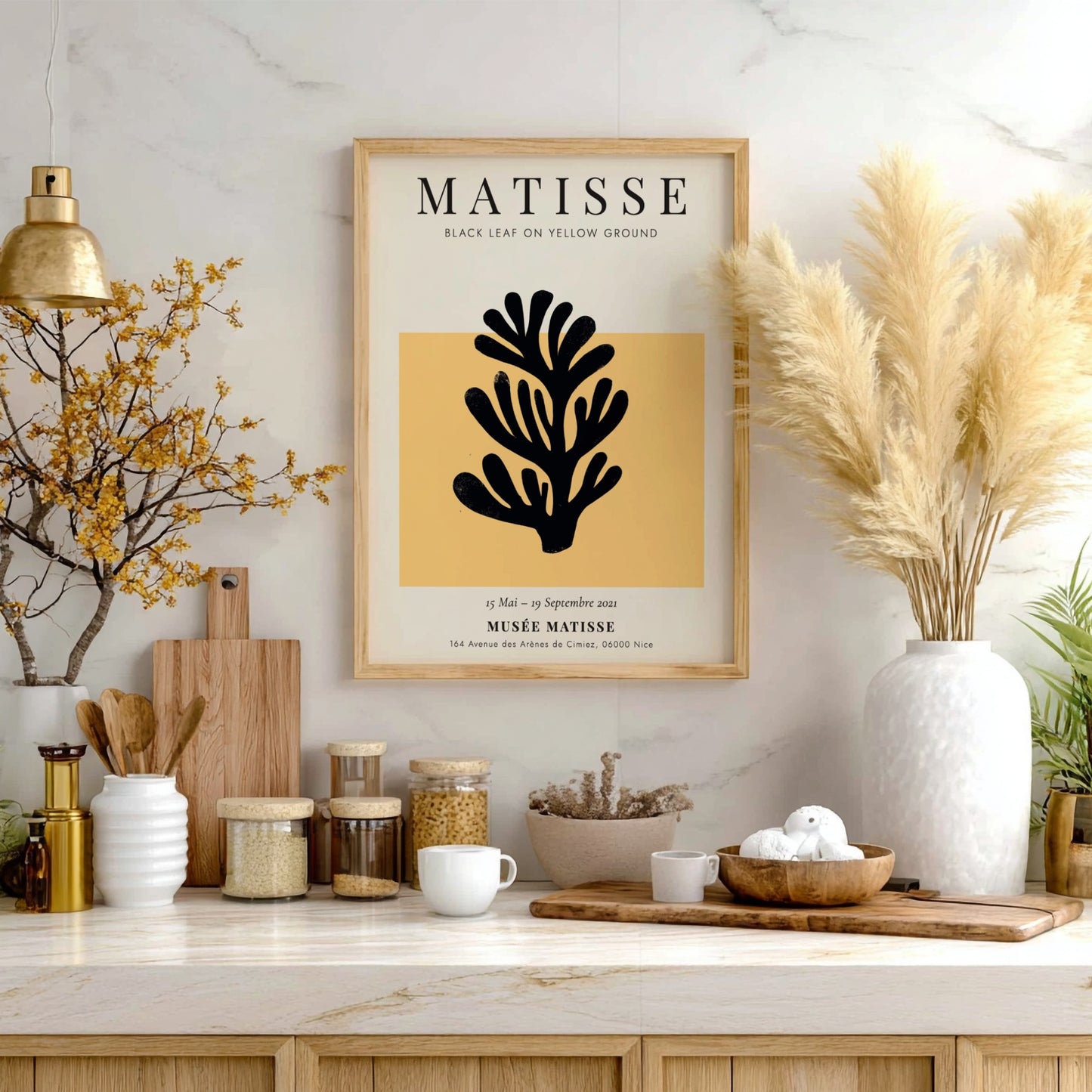 Henri Matisse Black Leaf poster featuring bold black silhouette on yellow background, ideal for home decor.