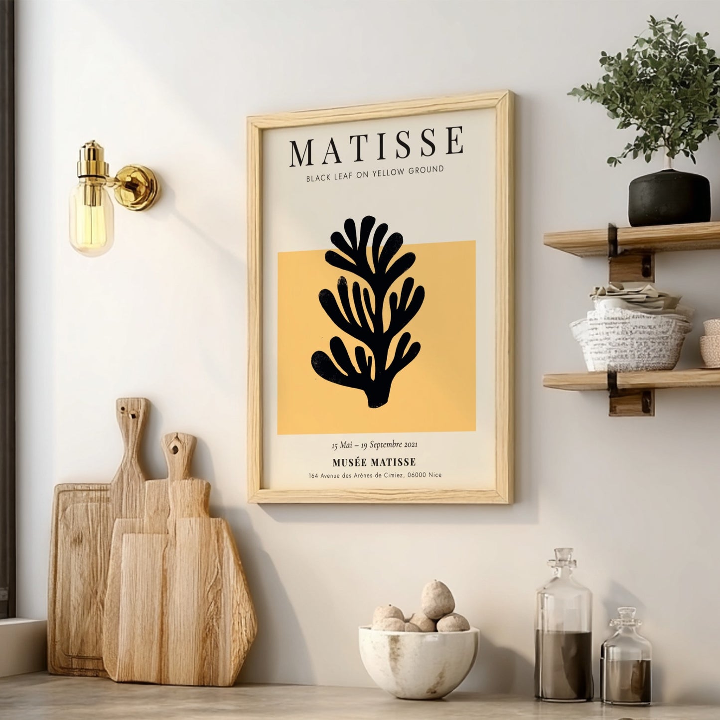 Henri Matisse Black Leaf poster featuring bold black silhouette on yellow background, ideal for home decor.