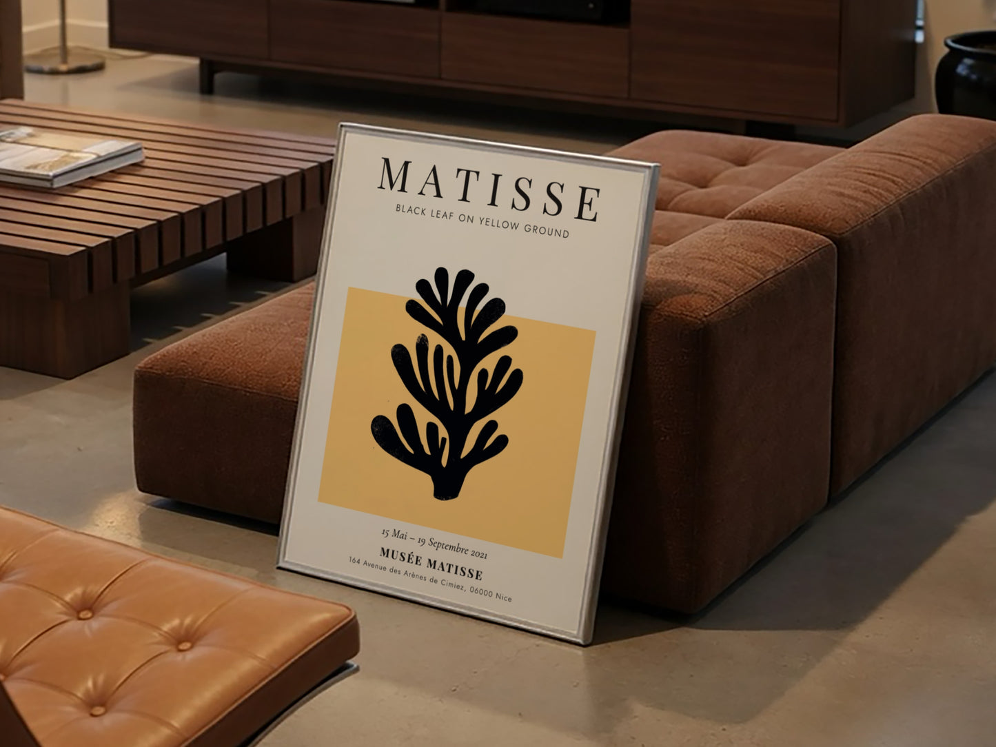 Henri Matisse Black Leaf poster featuring bold black silhouette on yellow background, ideal for home decor.