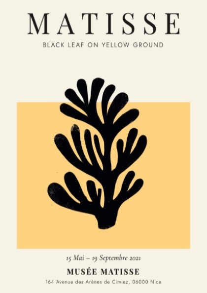 Henri Matisse Black Leaf poster featuring bold black silhouette on yellow background, ideal for home decor.