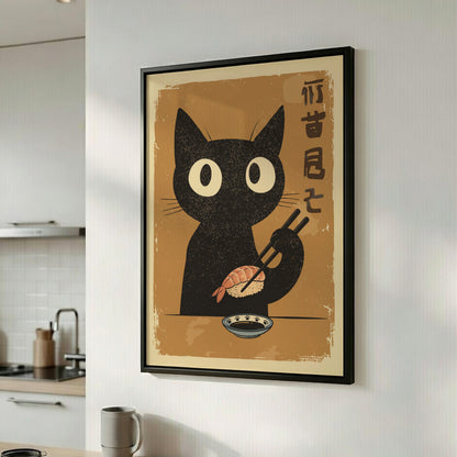 Black Cat Eating Sushi Poster – Retro Japanese Food Kitchen Art Print