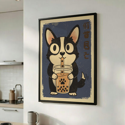 Corgi Drinking Bubble Tea Poster – Cute Retro Kawaii Dog Art Print