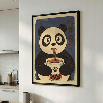 Panda Drinking Bubble Tea Poster – Cute Retro Kawaii Boba Art Print