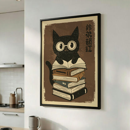 A stylized illustration of a black cat wearing round glasses and sitting on top of a tall stack of books, with vertical black characters on the right, set against a warm brown background with distressed texture.