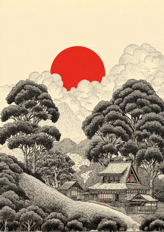 Traditional Japanese landscape with red sun, trees, and house on beige background