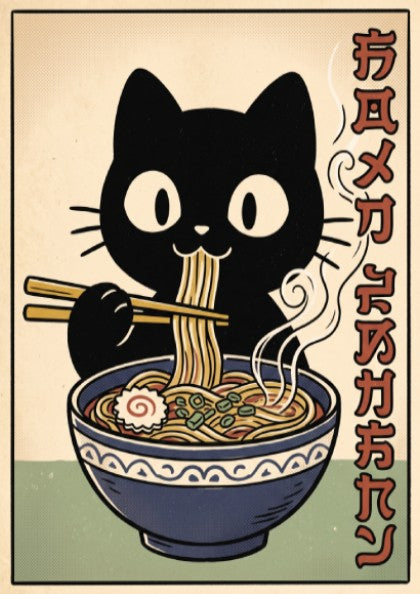 Poster of a cute black cat eating noodles from a blue bowl illustration