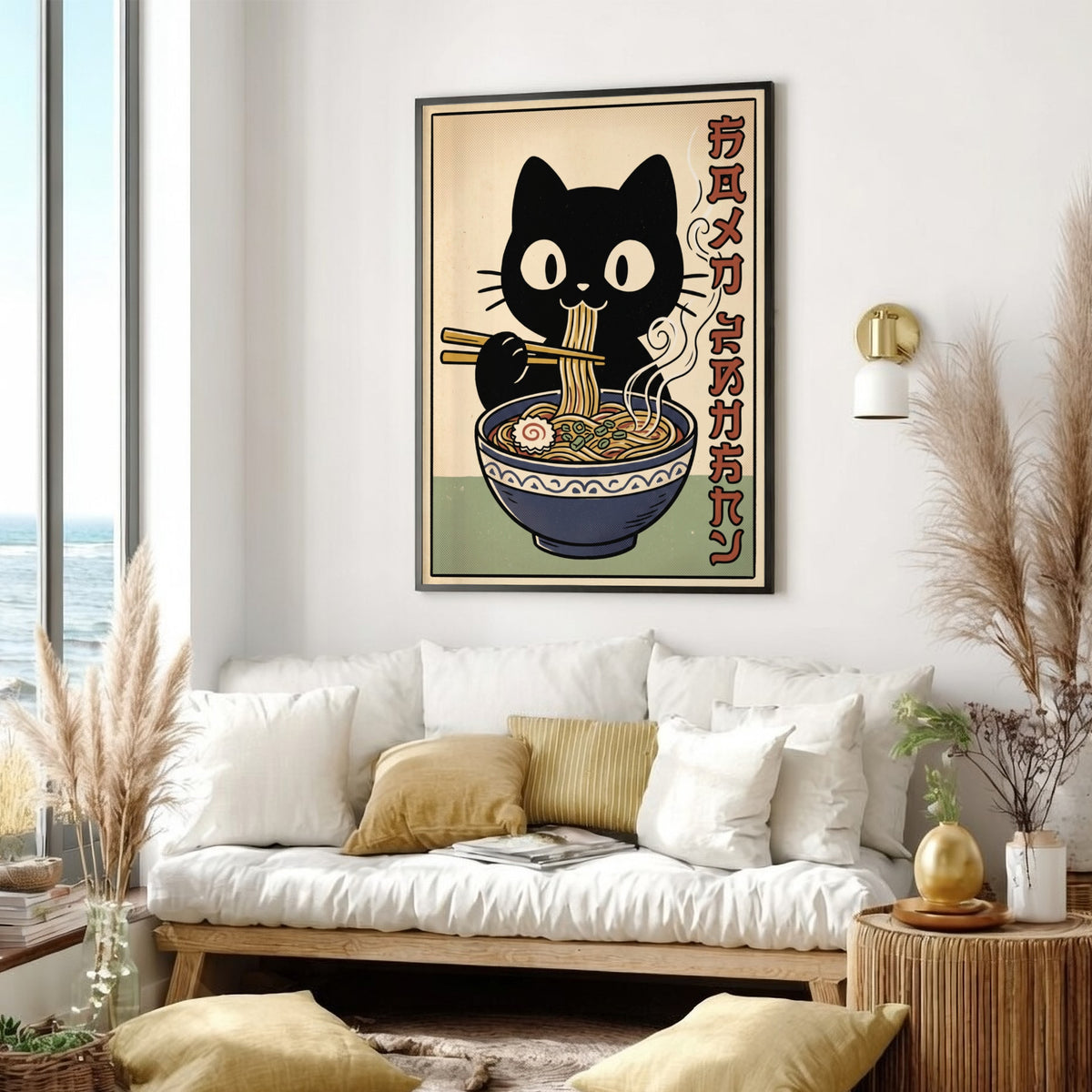 Poster of a cute black cat eating noodles from a blue bowl illustration
