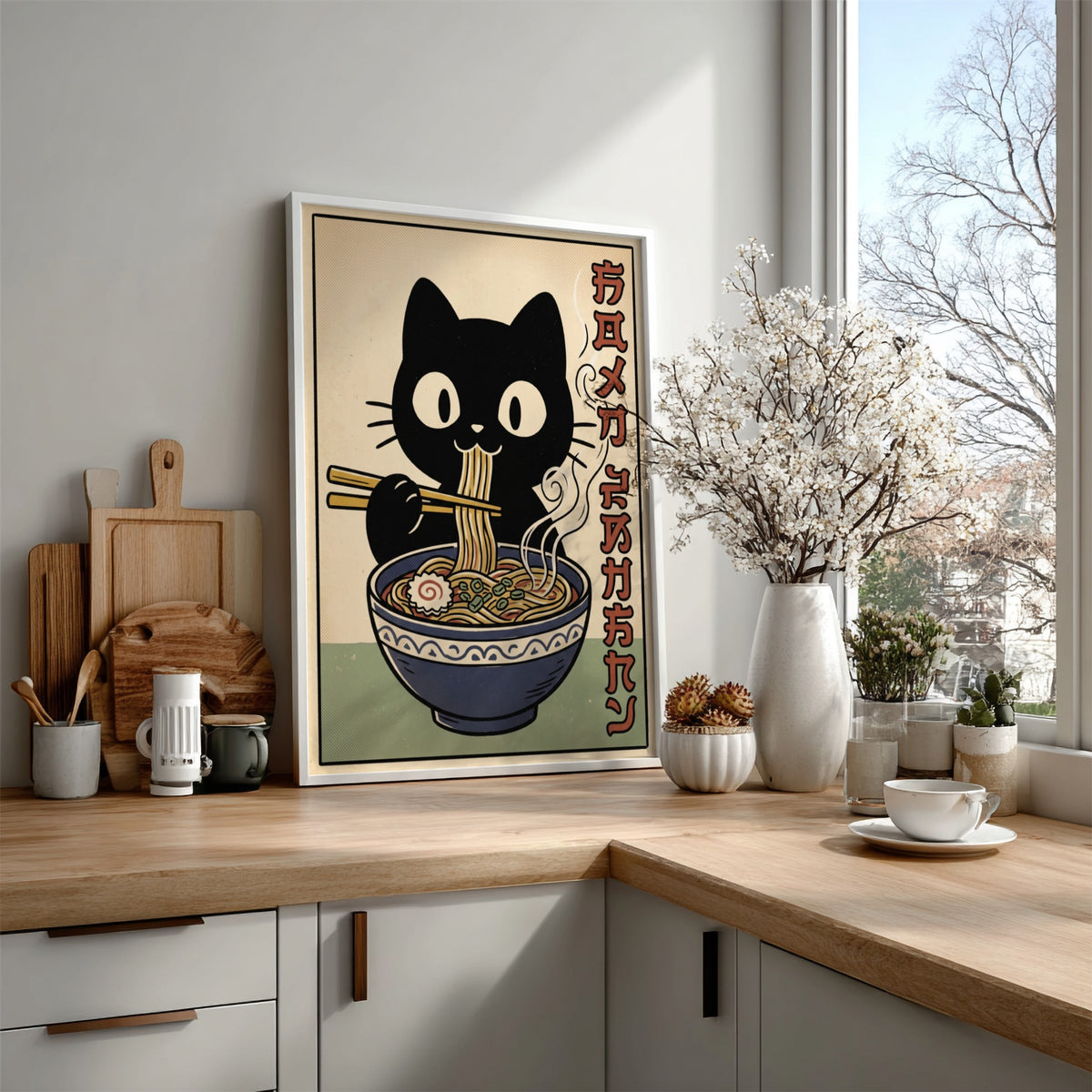 Poster of a cute black cat eating noodles from a blue bowl illustration