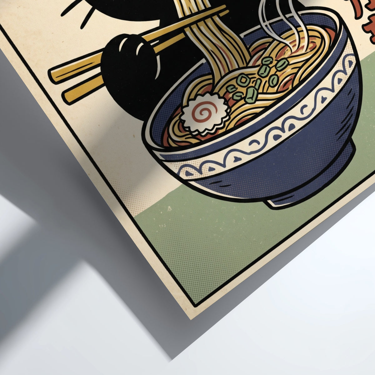 Poster of a cute black cat eating noodles from a blue bowl illustration