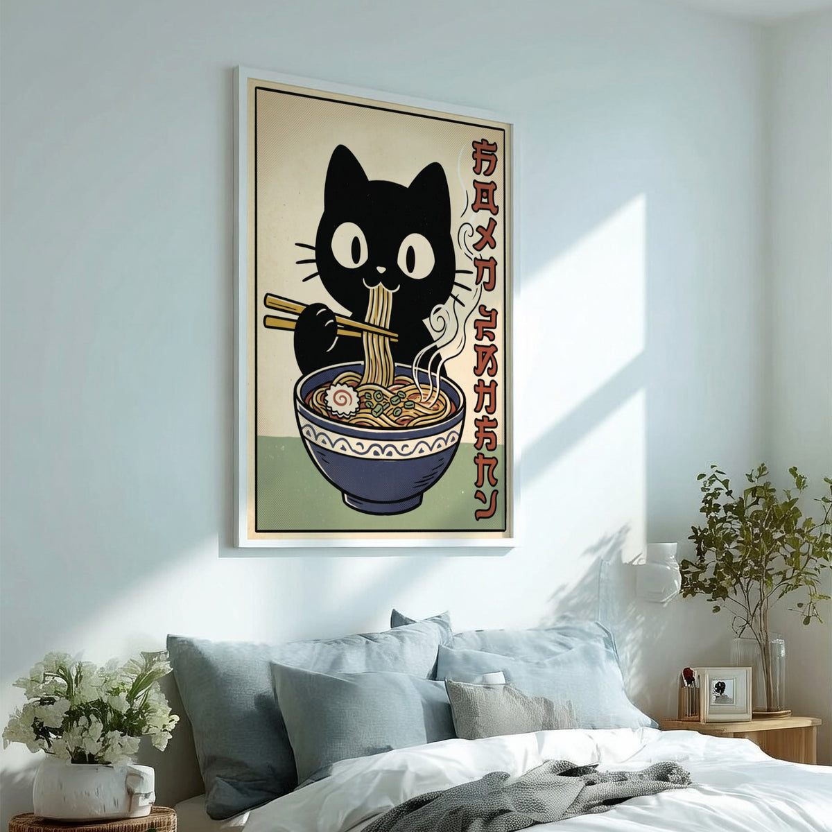 Poster of a cute black cat eating noodles from a blue bowl illustration