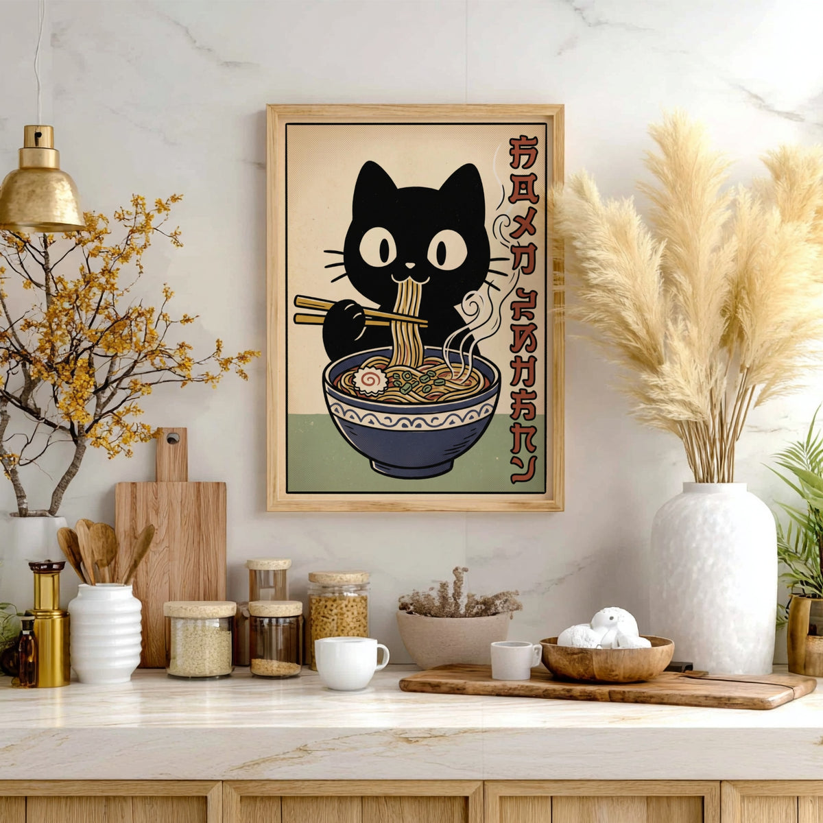Poster of a cute black cat eating noodles from a blue bowl illustration
