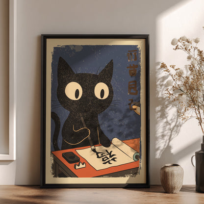 Black Cat Writing Poster – Funny Retro Japanese Home Office Art Print