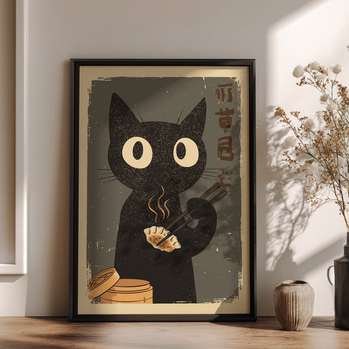 Black Cat Eating Dumplings Poster – Retro Japanese Kitchen Art Print