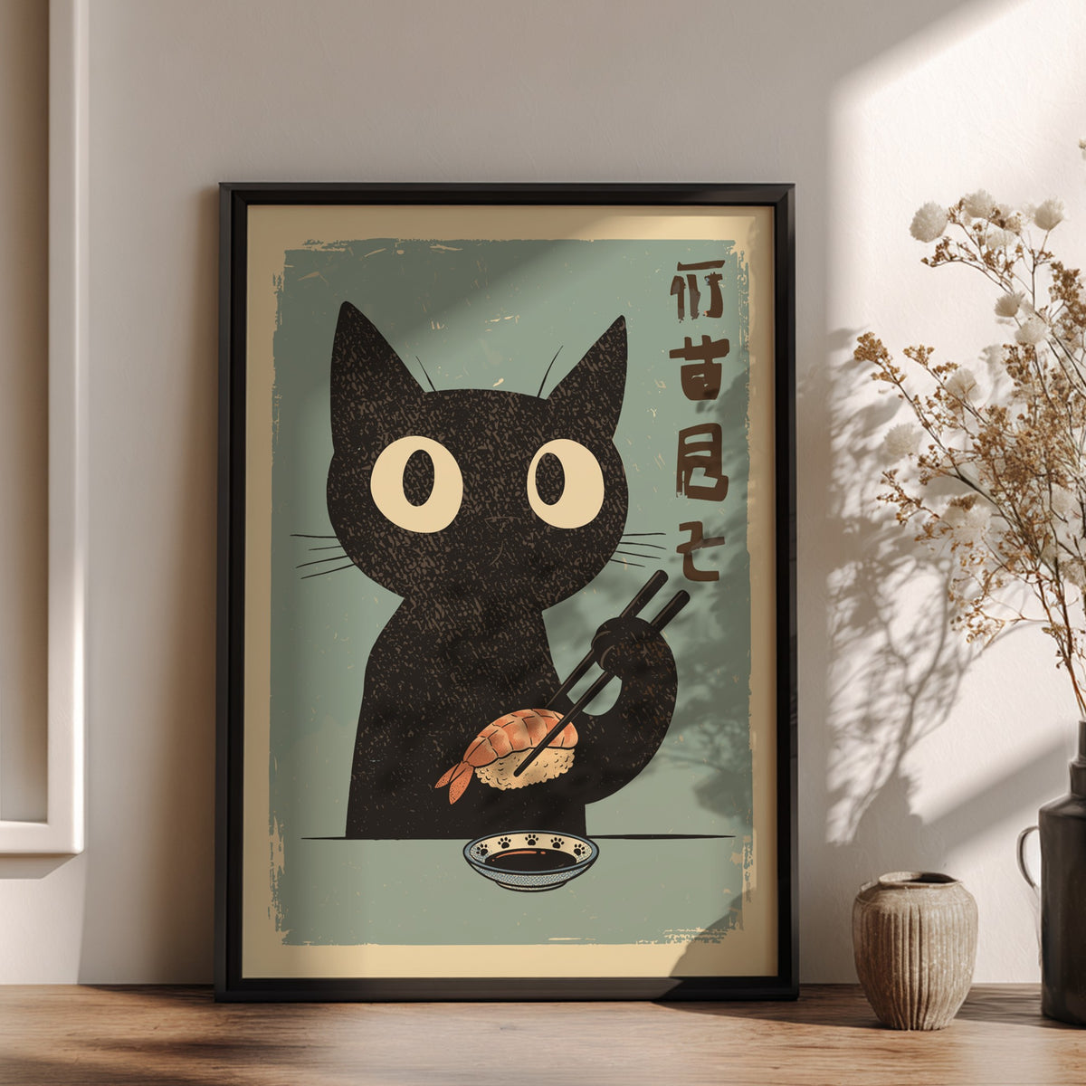 Black Cat Eating Sushi Poster – Retro Japanese Food Kitchen Art Print