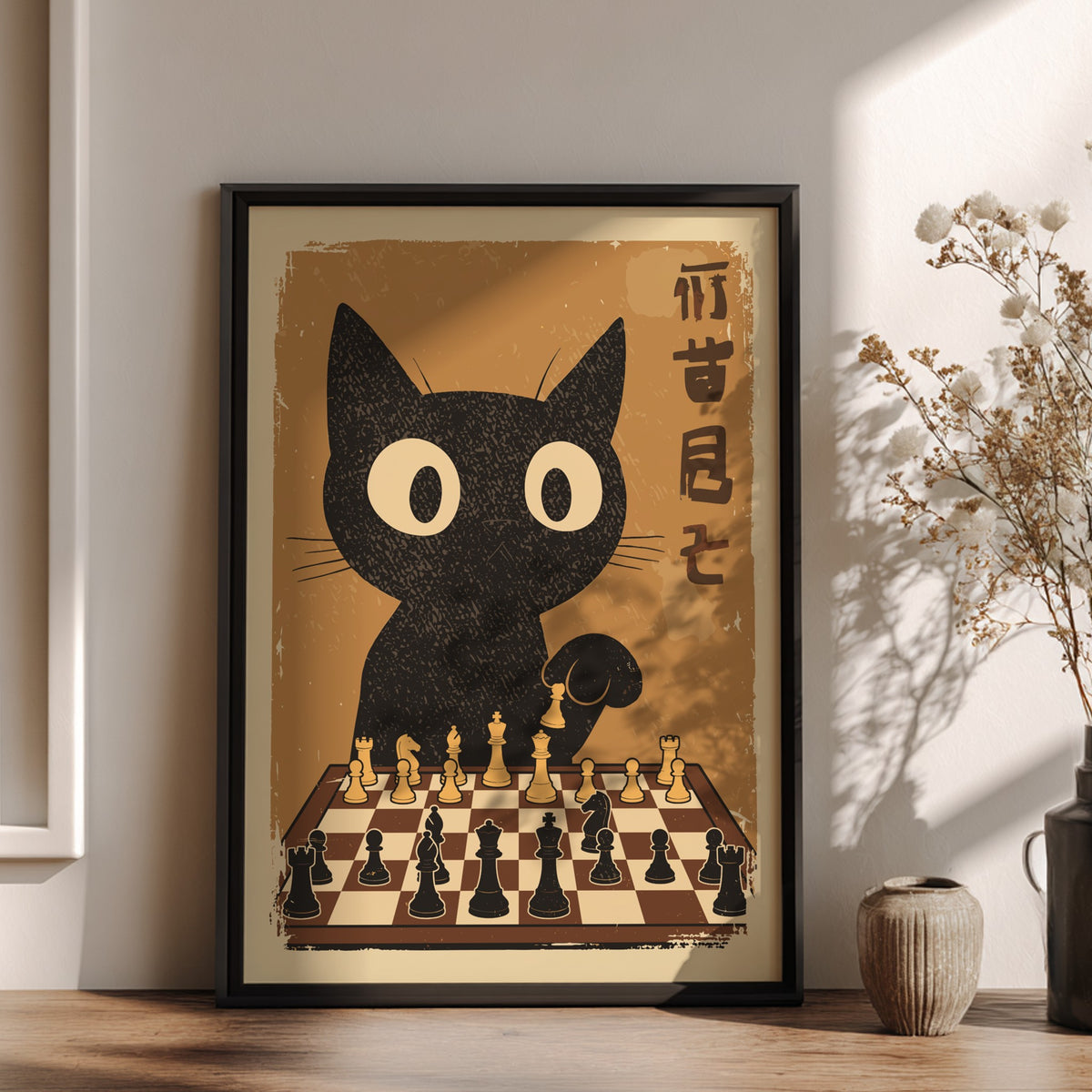 Black Cat Playing Chess Poster – Retro Japanese Games Room Art Print