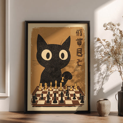 Black Cat Playing Chess Poster – Retro Japanese Games Room Art Print