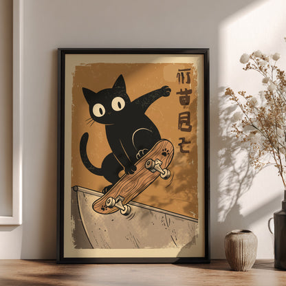 Black Cat Skateboarding Poster – Funny Retro Japanese Skater Art Print