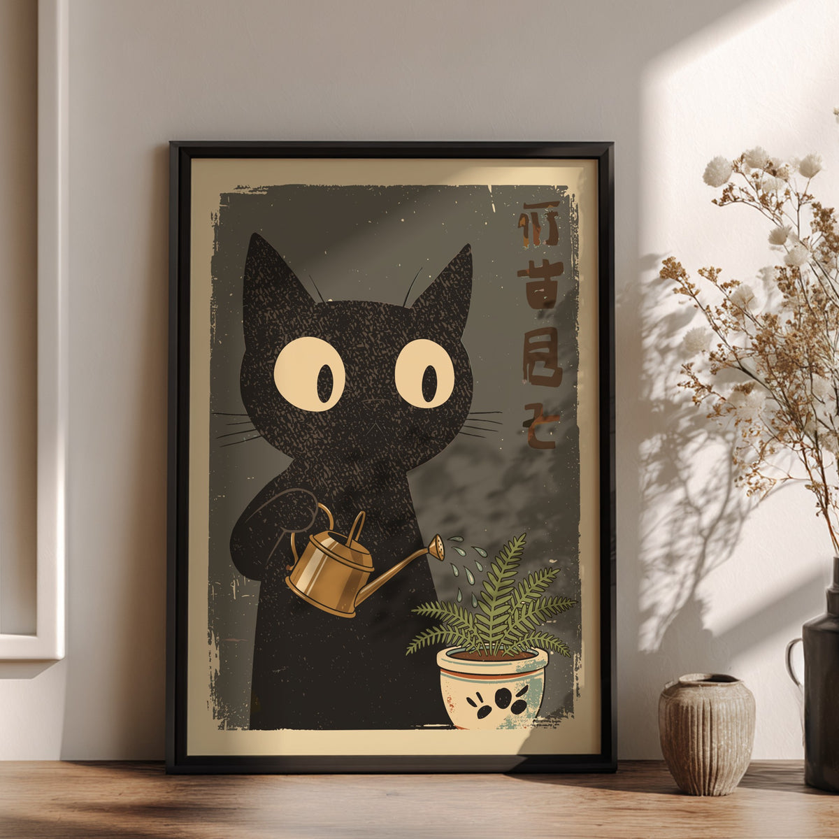 Black Cat Watering Plant Poster – Retro Japanese Gardener Art Print