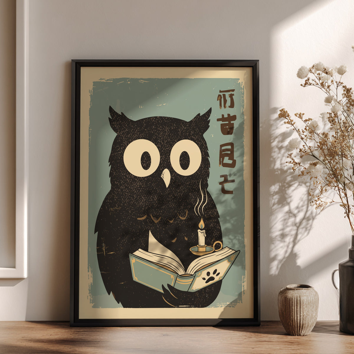Owl Reading Poster – Cute Retro Japanese Book Lover Art Print