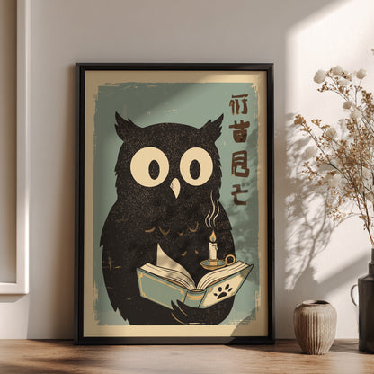Owl Reading Poster – Cute Retro Japanese Book Lover Art Print