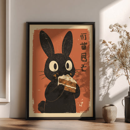 Black Rabbit Eating Carrot Cake Poster – Funny Retro Kitchen Art Print