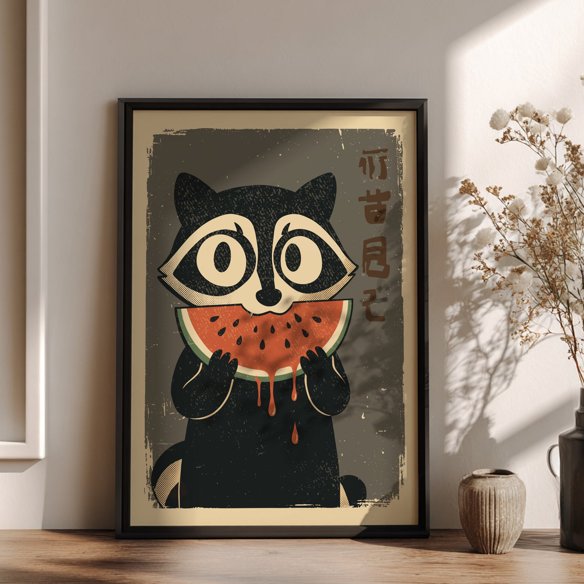 Raccoon Eating Watermelon Poster – Funny Retro Summer Fruit Art Print