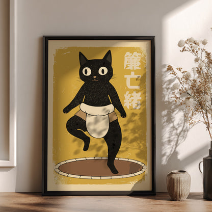 Sumo Cat Poster – Funny Black Cat Ukiyo-e Japanese Art Print