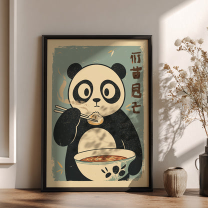 Panda Eating Dumplings Poster – Funny Retro Japanese Kitchen Art Print