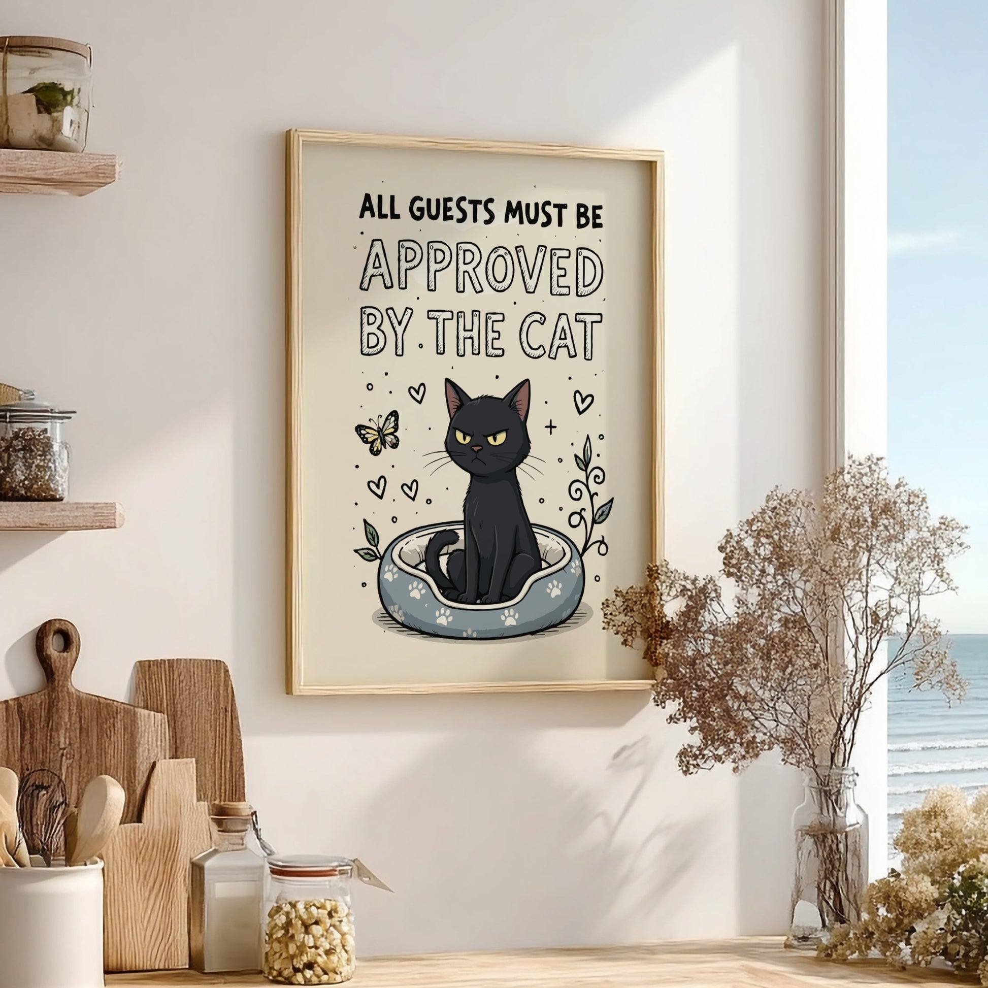 All Guests Must Be Approved - Minimalist Black Cat Quote Wall Art