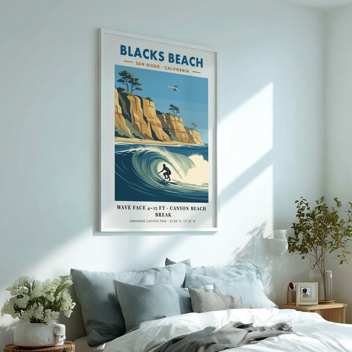 Poster of Blacks Beach in San Diego featuring a surfer, cliffs, and glider.
