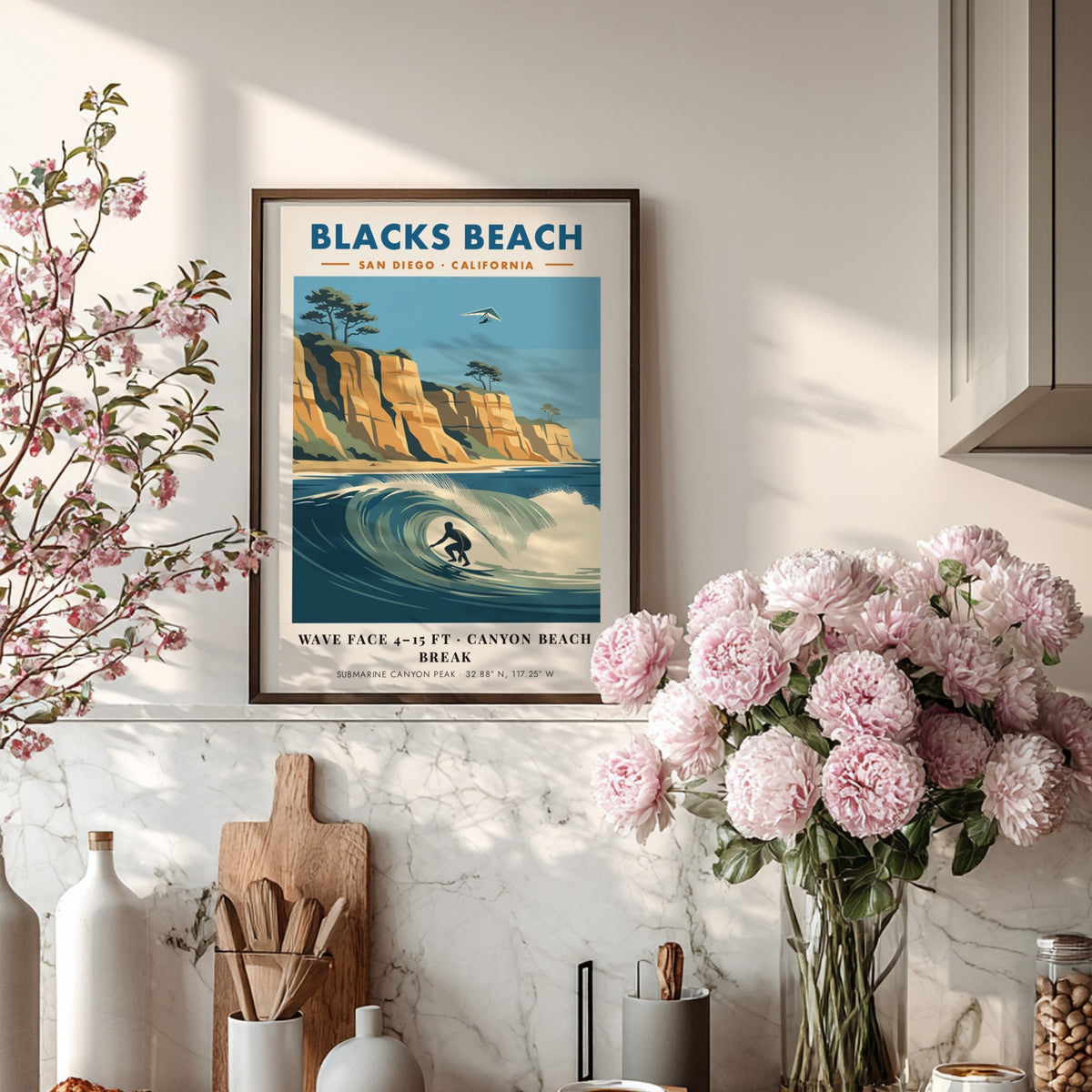 Poster of Blacks Beach in San Diego featuring a surfer, cliffs, and glider.
