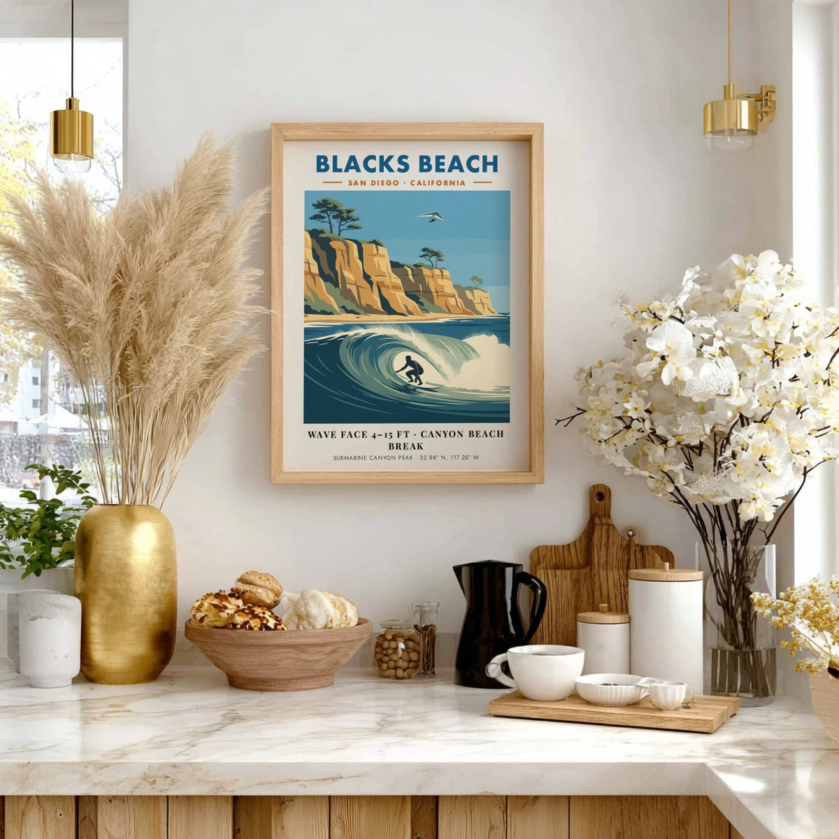 Poster of Blacks Beach in San Diego featuring a surfer, cliffs, and glider.