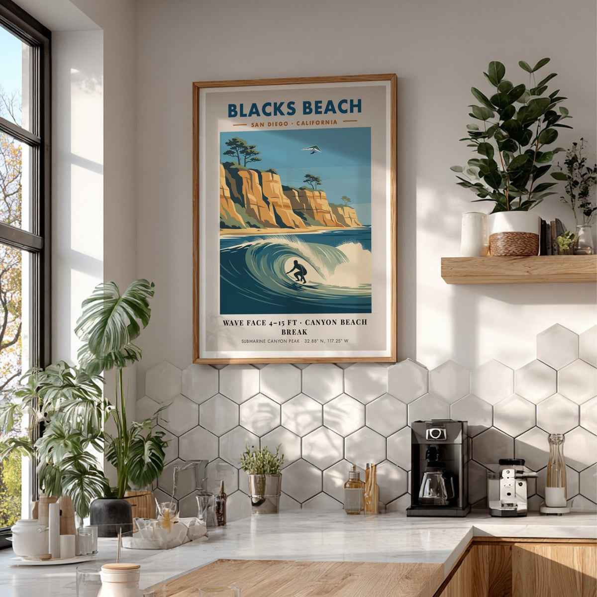 Poster of Blacks Beach in San Diego featuring a surfer, cliffs, and glider.