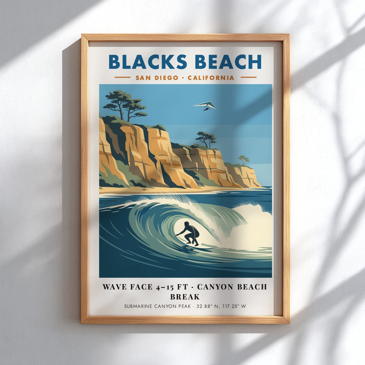 Poster of Blacks Beach in San Diego featuring a surfer, cliffs, and glider.