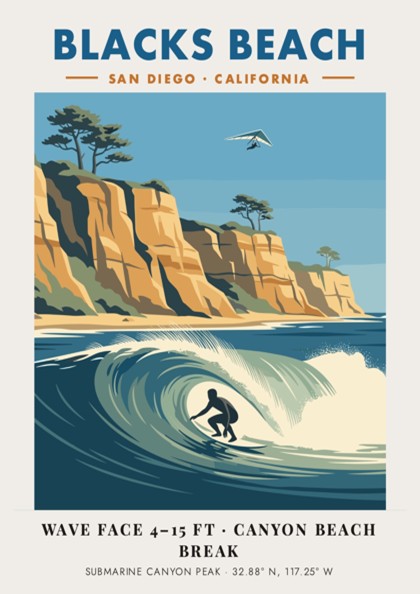 Poster of Blacks Beach in San Diego featuring a surfer, cliffs, and glider.