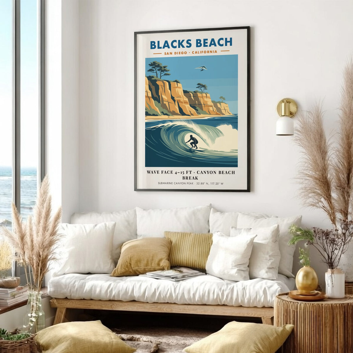 Poster of Blacks Beach in San Diego featuring a surfer, cliffs, and glider.