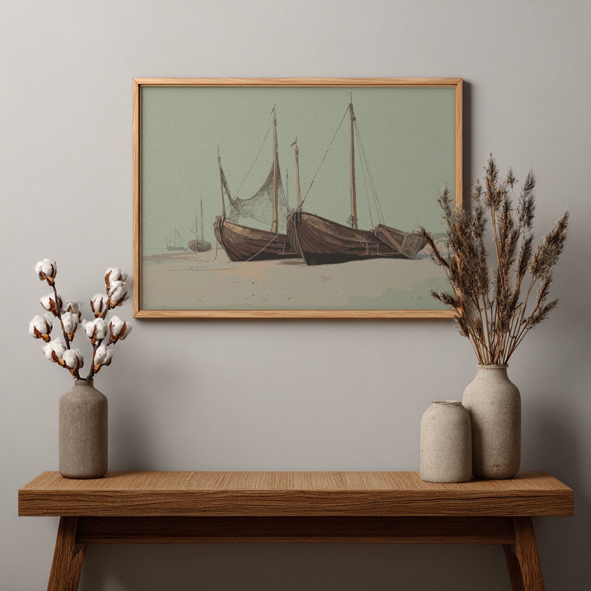 Blankenbergh drawing by William Stanley Haseltine featuring boats on a beach, vintage art.