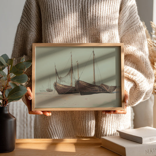 Blankenbergh drawing by William Stanley Haseltine featuring boats on a beach, vintage art.