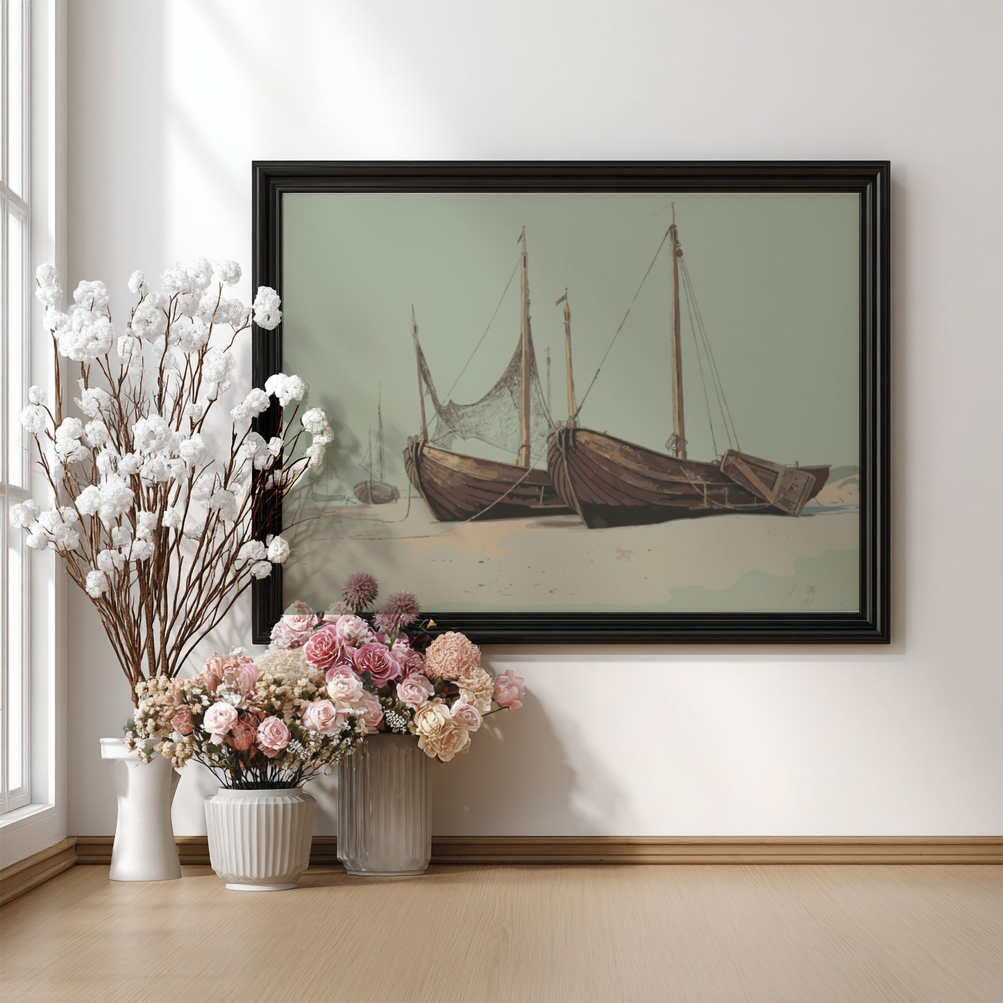 Blankenbergh drawing by William Stanley Haseltine featuring boats on a beach, vintage art.