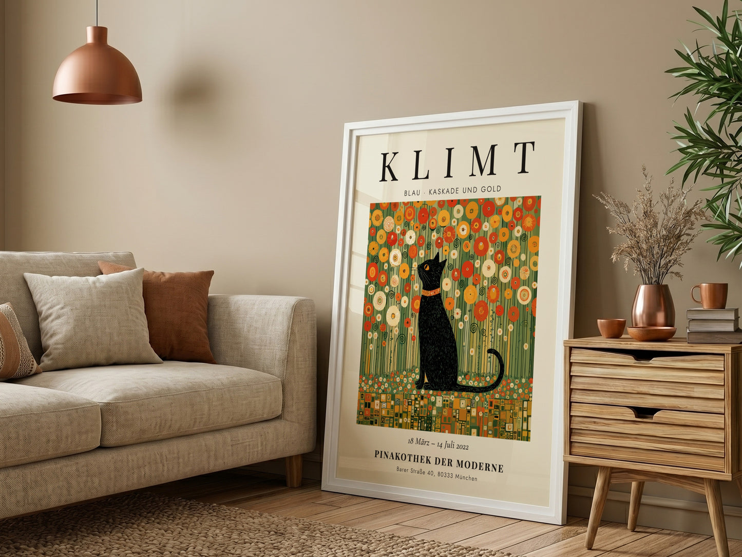 Poster featuring a black cat and golden flowers inspired by Gustav Klimt's style